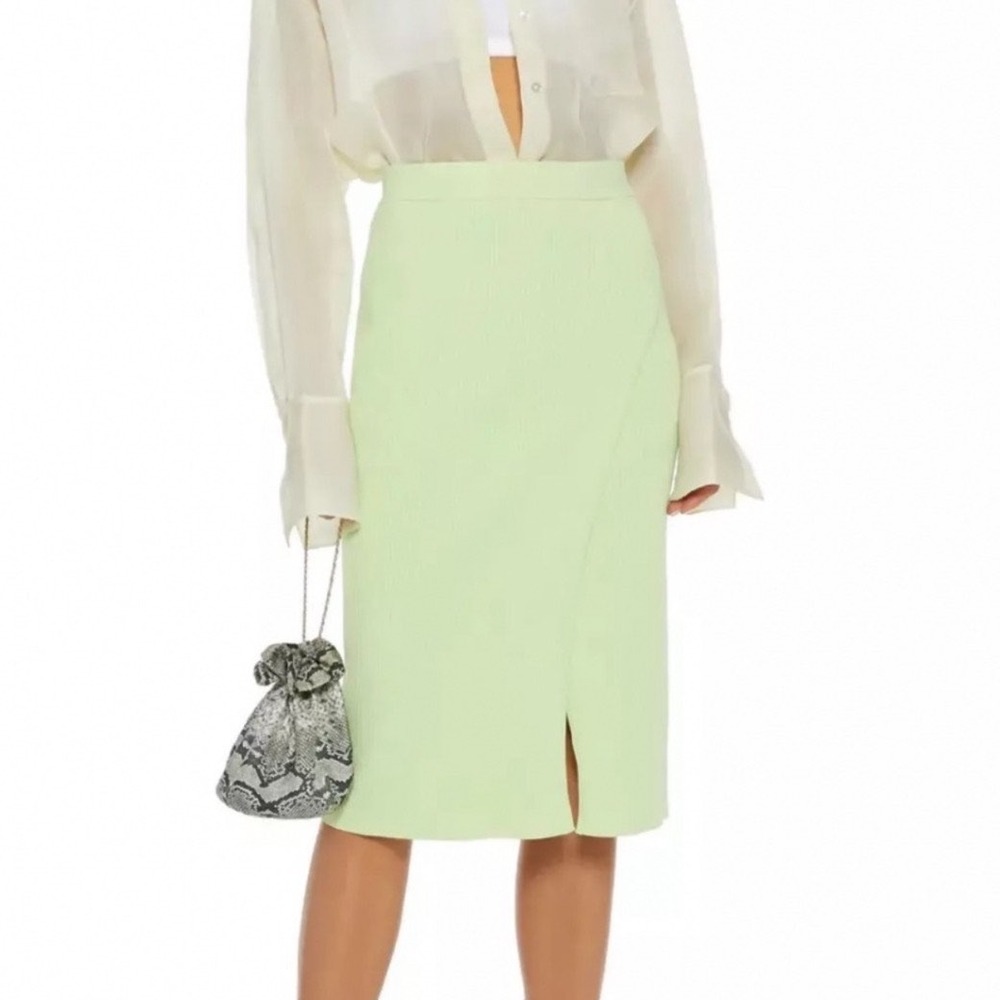 Jonathan Simkhai Jolene Pear Green Ribbed Knit Faux Wrap Slit Pencil Skirt Small